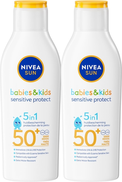 NIVEA SUN Babies & Kids Sensitive Protect Zonnebrand Melk - Baby en Kind - SPF 50+ - Parfumvrij - Geschikt voor de huid met eczeem - Zonbescherming - Duo Pack- 2x 200 ml