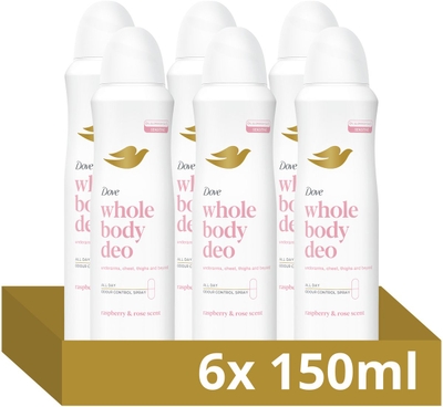 Dove Whole Body Deodorant Spray - Raspberry & Rose - de formule met voedende oliën en glycerine bevat 0% aluminiumzouten - 6 x 150 ml