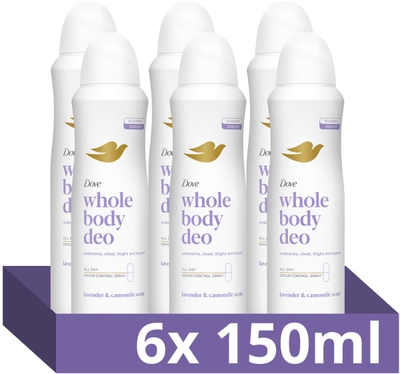Dove Whole Body Deodorant Spray - Lavender & Camomile - de formule met frisse geur, voedende oliën en glycerine bevat 0% aluminiumzouten - 6 x 150 ml