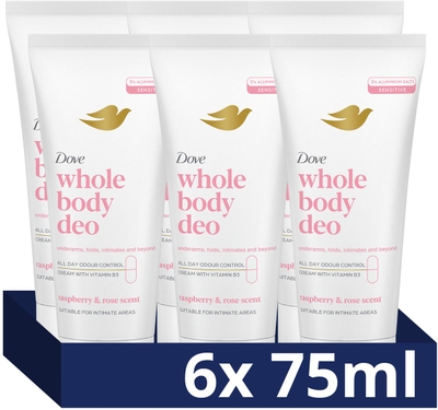 Dove Whole Body Deodorant Cream - Raspberry & Rose - de formule met frisse geur, voedende oliën en glycerine bevat 0% aluminiumzouten - 6 x 75 ml