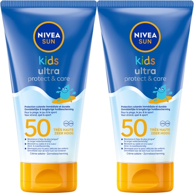 NIVEA SUN Kids Ultra Protect & Play Zonnebrand Lotion - SPF 50+ - Zeer waterproof en zandbestendig - Zonnecreme voor Gezicht en Lichaam - Met dexpanthenol - Zonbescherming - Duo Pack - 2x 150 ml