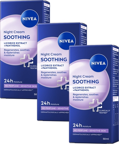NIVEA Verzachtende Nachtcrème voor Vrouwen - Gevoelige huid - Ongeparfumeerd en PH-neutraal - Met Zoethoutextract en Druivenpitolie - 3 x 50 ml