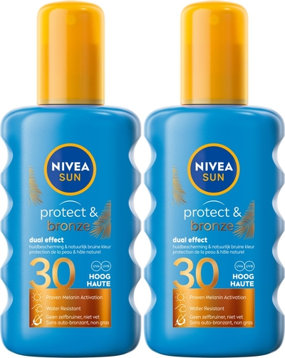 NIVEA SUN Protect & Bronze Zonnebrand Spray - SPF 30 - Zonnespray - Waterproof - Stimuleert een bruine huid - Duopack - 2x 200 ml