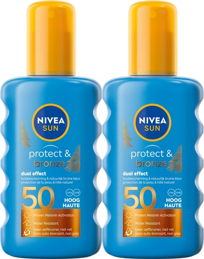 NIVEA SUN Protect & Bronze Zonnebrand Spray - SPF 50 - Zonnespray - Waterproof - Beschermt en stimuleert een bruine huid - Met pro-melanine extract - Duopack - 2x 200 ml