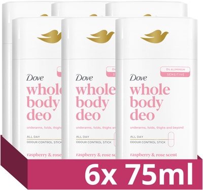 Dove Whole Body Deodorant Stick - Raspberry & Rose - de formule met frisse geur, voedende oliën en glycerine bevat 0% aluminiumzouten - 6 x 75 ml