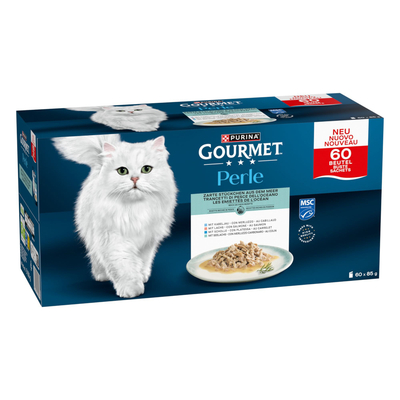 Mixpakket Gourmet Perle 60 x 85 g - Malse stukjes zee in saus (4 Soorten) - natvoer katten