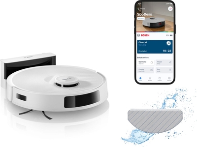 Bosch Spotless BCRC1W Robotstofzuiger met Dweilfunctie, 11,000 Pa Zuigkracht, Statische natte dweil, Smart Vision Infrarood Navigatie, Bosch Home Connect App, Wit
