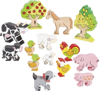 Houten Figuren: SET BOERDERIJDIEREN, bevat 14 dieren L2,5-11,5cm, beschilderd hout, in doos