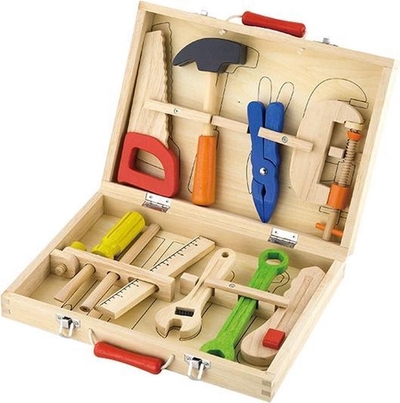 Houten kist Koffer met gereedschap Set van een kleine doe-het-zelver Viga Toys