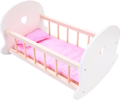 Poppenbed hout met schommelfunctie roze / wit geschikt voor poppen tot 46 cm - Poppencommode - Houten Poppenwieg - Met beddengoed en kussentje