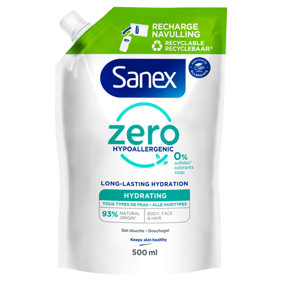 Sanex Douchegel Navulzak Zero% Hydrating 500 ml