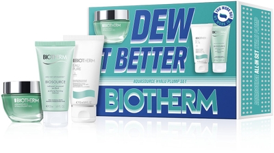 Biotherm Skin Fitness Set Voor Vrouwen: DEW IT BETTER – AQUASOURCE HYALU PLUMP SET, Complete Hydratatie Routine met Aquasource Hyalu Plump Gel 50ml, Biosource Purifying Foaming Cleanser 50ml, Eau Pure Shower Gel 50ml