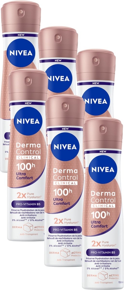NIVEA Derma Control Clinical Ultra Comfort Deodorant Spray - 100u Anti‑transpirantbescherming - Provitamine B5  - 6x150ml