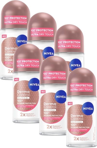 NIVEA Derma Control Clinical Ultra Even Tone Deodorant Roller - 100u anti‑transpirantbescherming - Met Vitamine C  - 6x50ml