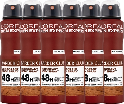 L'Oréal Paris Men Expert Barberclub Deodorant Spray - 48U anti-geur bescherming - Houtachtige Geur -Alcoholvrij - 150ml x6