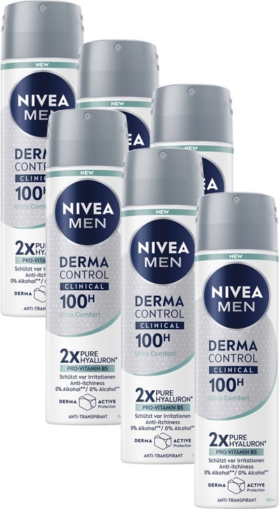 NIVEA MEN Derma Control Clinical Ultra Comfort Deodorant Spray - 100u Anti‑transpirantbescherming - Pro‑Vitamine B5  - 6x150ml