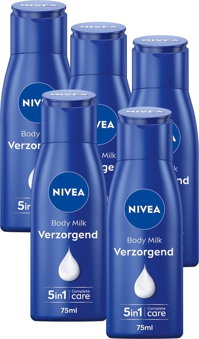 NIVEA Verzorgende Body Milk - met Hyaluronzuur Zachte Amandel Olie en Voedend serum - met 72 Uur Hydratatie - Voor Droge tot Zeer Droge Huid - 5 x 75 ml