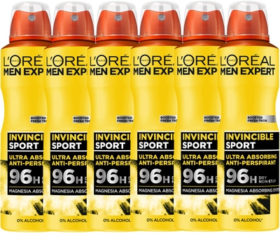 L'Oréal Paris Men Expert Invincible Deodorant Spray - Anti-Transpirant, 96 Uur Langdurige Bescherming - Alcoholvrij* - 150ml - 6x