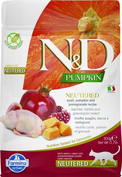 N&D Pumpkin voeding voor de gecastreerde kat Kwartel 300 gr. kattenbrokken