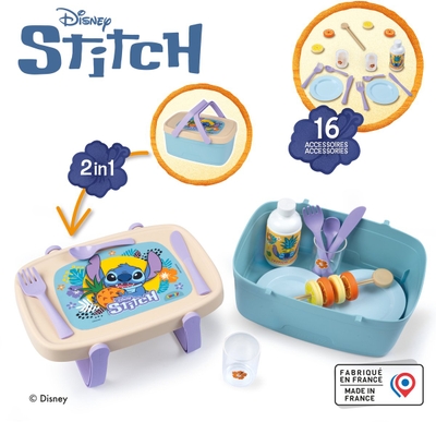 Smoby - Speelgoedkeukenaccessoireset Stitch Picknickmand - Bijzettafeltje en mand en 16 accessoires - creatief rollenspel