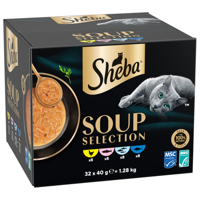32x40g Sheba Soup Selection Mix (kip. tonijn. zeevis en zalm) natvoer voor katten - natvoer katten