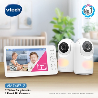 Vtech 7467-2 Babyfoon met 2 camera's, Draai en kantelfunctie - Nachtlamp - Intercom -7 inch monitor - Wandhouder
