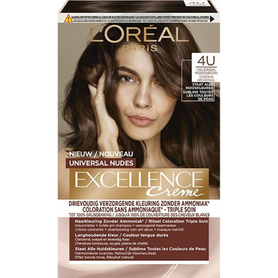 2x L'Oréal Excellence Crème Universal Nudes Permanente Haarkleuring 4U Universeel Middenbruin