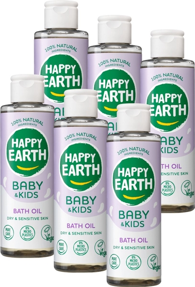 Happy Earth Bundel Badolie Baby & Kids - 100% natuurlijk - Microplasticvrij - Babyverzorging – Met plantaardige huidverzachter – Geschikt voor pasgeborenen - 6x150mL 