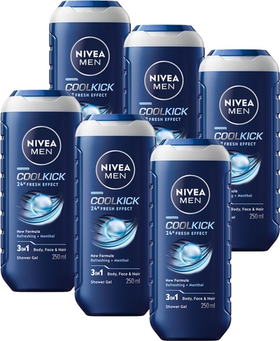 NIVEA MEN Cool Kick Douchegel - 3-in-1 Shower Gel Met Verfrissende Menthol - Shampoo  - 6 x 250 ml