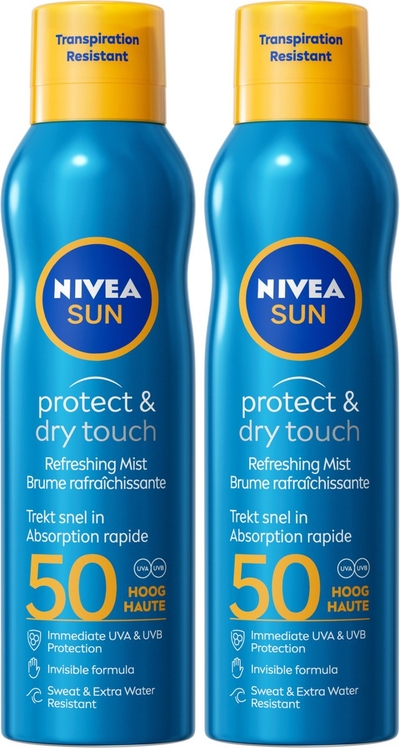 NIVEA SUN Protect & Dry Touch Vernevelende Zonnebrand Spray - SPF50 - Zonnespray - Transparant en Waterproof - UVA/UVB - Duopack - 2x 200ml