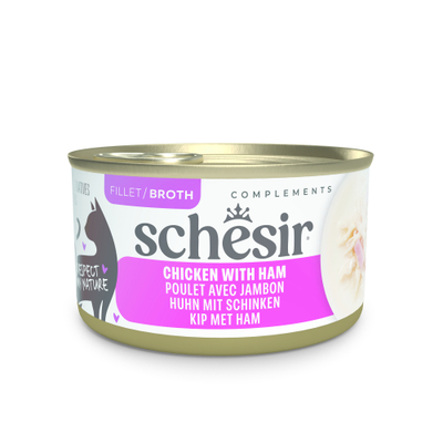 12x 70g Schesir Complements in Brühe Huhn mit Schinken Katzenfutter nass - natvoer katten