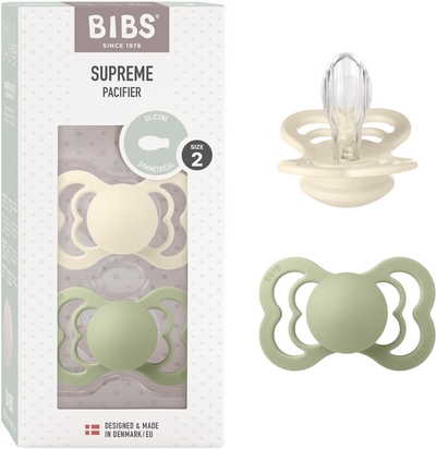 BIBS Supreme Speen verpakking van 2 stuks. BPA-vrij, Symmetrische speen. Siliconen, Gemaakt in Denemarken. Maat 2 (6-18 maanden), Ivory / Sage