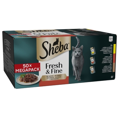Multipack Sheba Fresh Fijne vershoudzakjes 50 x 50 g - met kip. rundvlees & eend in saus - natvoer katten