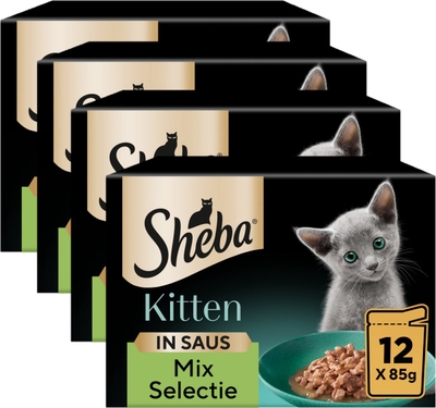 Sheba Kattenvoer - Kitten Mix Selectie in Saus met Zalm & Kip - Maaltijdzakjes 48x85gr natvoer katten