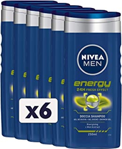 Nivea MEN Energy Douche-shampoo, 6 x 250 ml, voor heren, revitaliserend doucheschuim voor lichaam, gezicht en haar, met muntextract