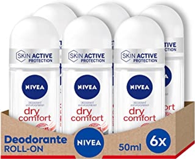 Nivea Dry Comfort Roll-On luchtverfrisser, 6 x 50 ml, anti-transpirant, met Dual Active formule met dubbel anti-ademend vermogen