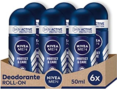 Nivea Men Protect & Care Roll-On Antitranspirant Deodorant voor heren, 6 x 50 ml, met 0% alcohol, deodorant met Nivea Men Care Complex, reguleert het ademend vermogen voor 48 uur