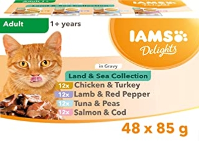 Iams Delights Land & Sea Collection in Sauce Vershoudzak, Multibox met Vlees en Vis in saus, 48 x 85 g - natvoer katten