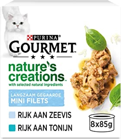 Gourmet Nature's Creations Kattenvoer, Natvoer met met Zeevis, Spinazie, Rijst & Tonijn, Tomaat - 8x85 g - doos van 6 48 blikjes; 4,08kg - natvoer katten