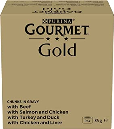 Gourmet Gold Fijne Hapjes in Saus Kattenvoer, Natvoer met Rund, Zalm en Kip, Kalkoen en Eend, Kip en Lever in Saus - 96x85g - 96 blikjes; 8,16kg - natvoer katten
