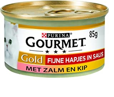 Gourmet Gold Fijne Hapjes in Saus Kattenvoer, Natvoer met Zalm en Kip in Saus - 24x85g - 24 blikjes; 2,04kg - natvoer katten