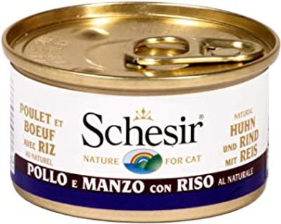 Schesir Cat Natural Kippenfilet met runderfilet en rijst, kattenvoer nat in eigen sap, 24 blikjes x 85 g - natvoer katten