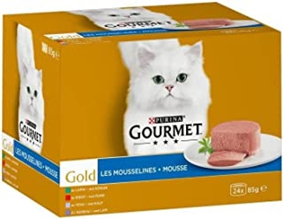 Gourmet Gold Mousse Mix Kattenvoer, Natvoer met Rund, met Konijn, met Kalf of met Lam - 24x85g - doos van 4 96 blikjes; 8,16kg - natvoer katten