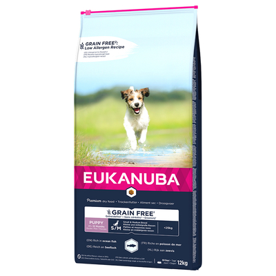Eukanuba Grain Free Puppy Small / Medium Breed Zalm Hondenvoer - Dubbelpak 2 x 12 kg - hondenbrokken