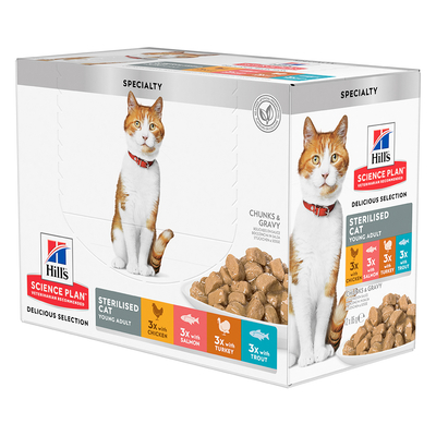 24x85g Young Adult Sterilised Cat Kip, Zalm, Kalkoen, Forel Hill's Science Plan Kattenvoer - natvoer katten