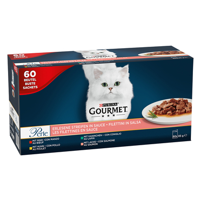6ox85g Kip/Rund/Zalm/Konijn Gourmet Perle Kattenvoer - natvoer katten