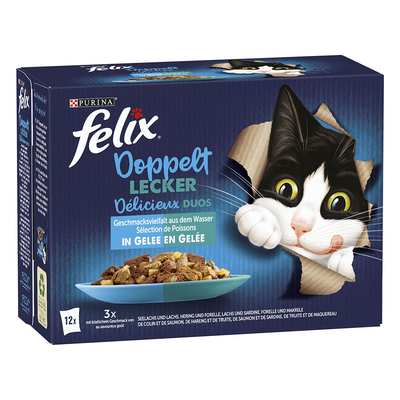 Felix Dubbel Zo Lekker in Gelei Kattenvoer 12 x 85 g - Koolvis & Zalm, Zalm & Sardine, Haring & Forel, Forel & Makreel - natvoer katten