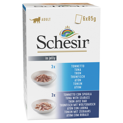 Schesir Kat Jelly Pouch 6 x 85 g - Mix Tonijn + Tonijn met Zeebaars - natvoer katten