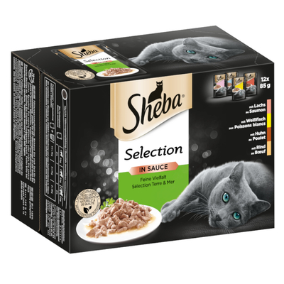 96x85g Maaltijdzakjes Selection in Sauce Fijne Veelvoud Sheba Kattenvoer Nat - natvoer katten