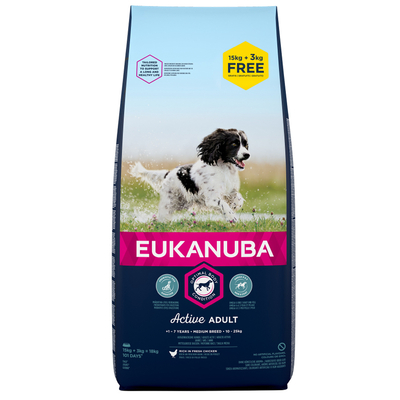 18kg Active Adult Medium Breed Kip Eukanuba Hondenvoer - hondenbrokken